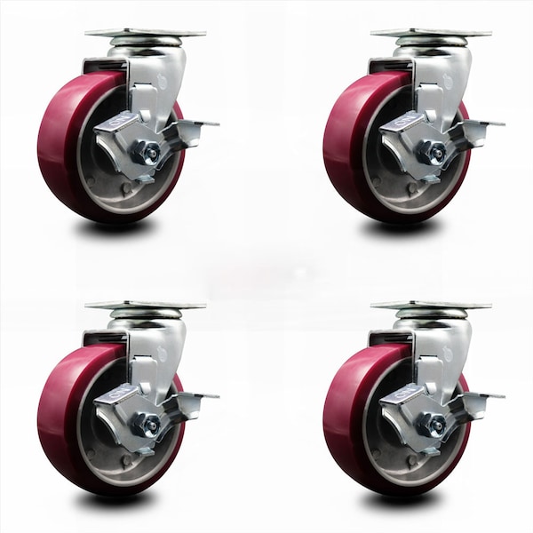5 Inch Poly on Aluminum Swivel Caster Set with Roller Bearings and Brakes SCC